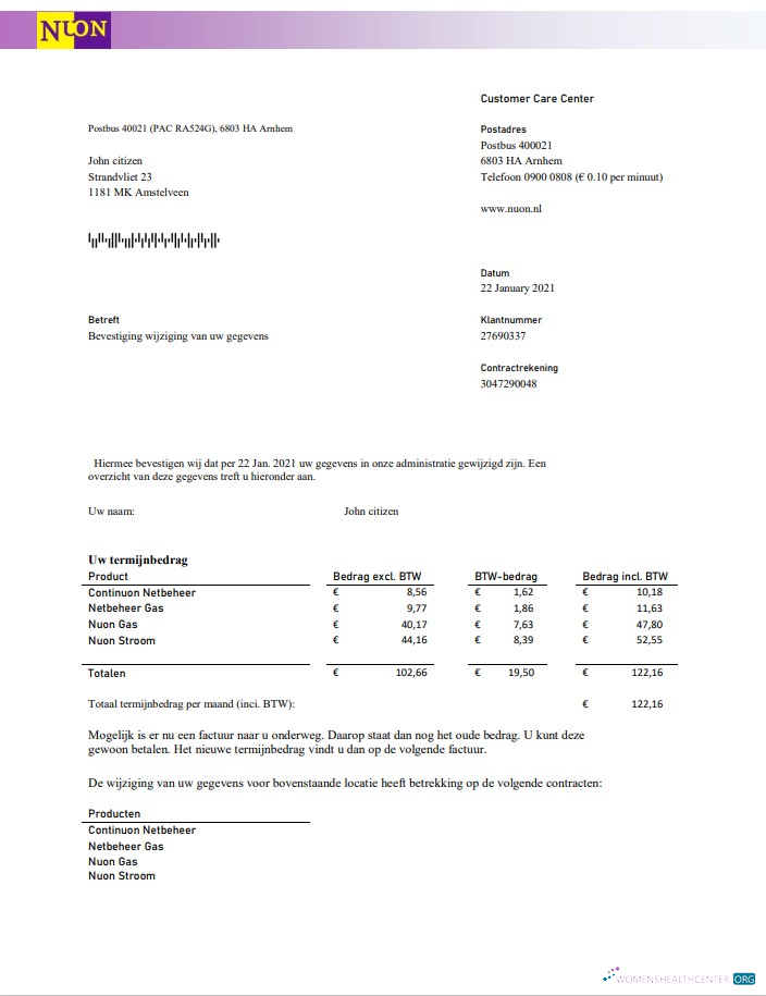 download Netherlands NUON gas utility bill template in Word and PDF format in Dutch language PDF template